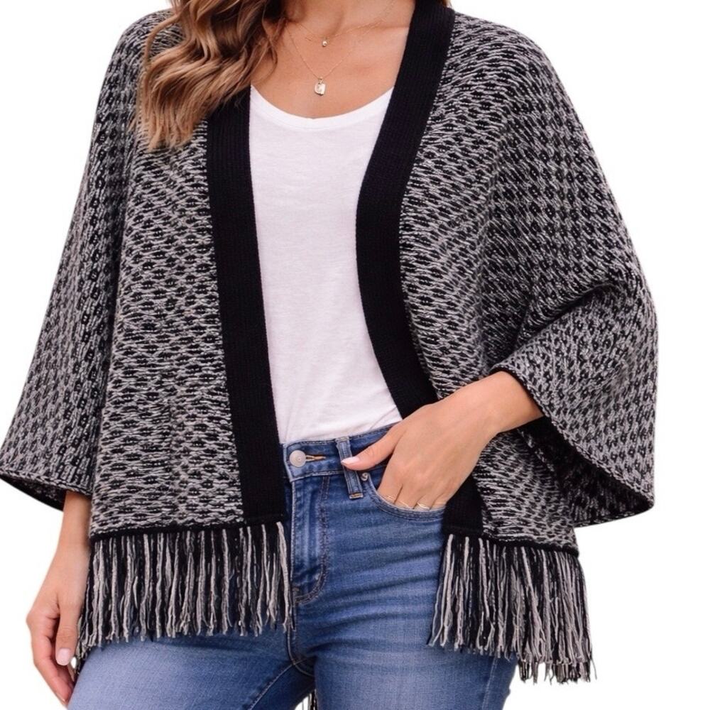 LOFT Wool Blend Fringe Cardigan Black White Open‎ Front Poncho Style Sweater Med